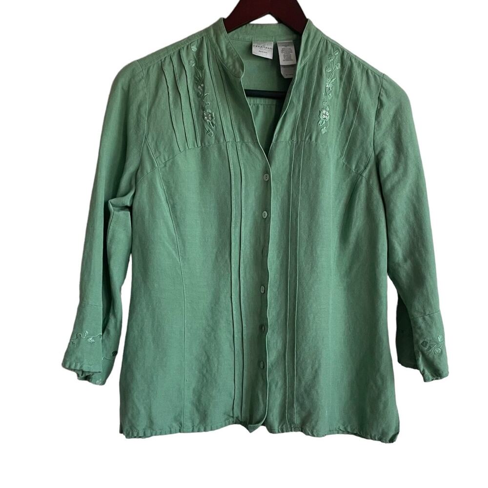 Emma James Women Top Size 10P Green Flare 3/4 Sleeve Pin Tuck Bodice Dainty Chic